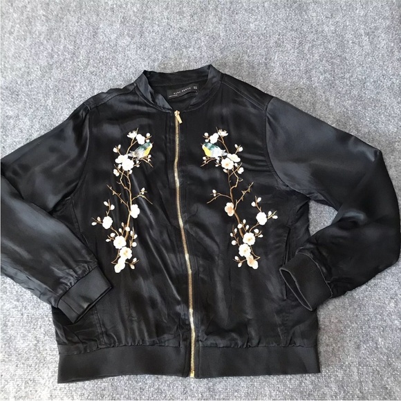 Zara Satin Embroidered Bomber Jacket Black Cherry Blossoms & Birds Small Black - Picture 8 of 14